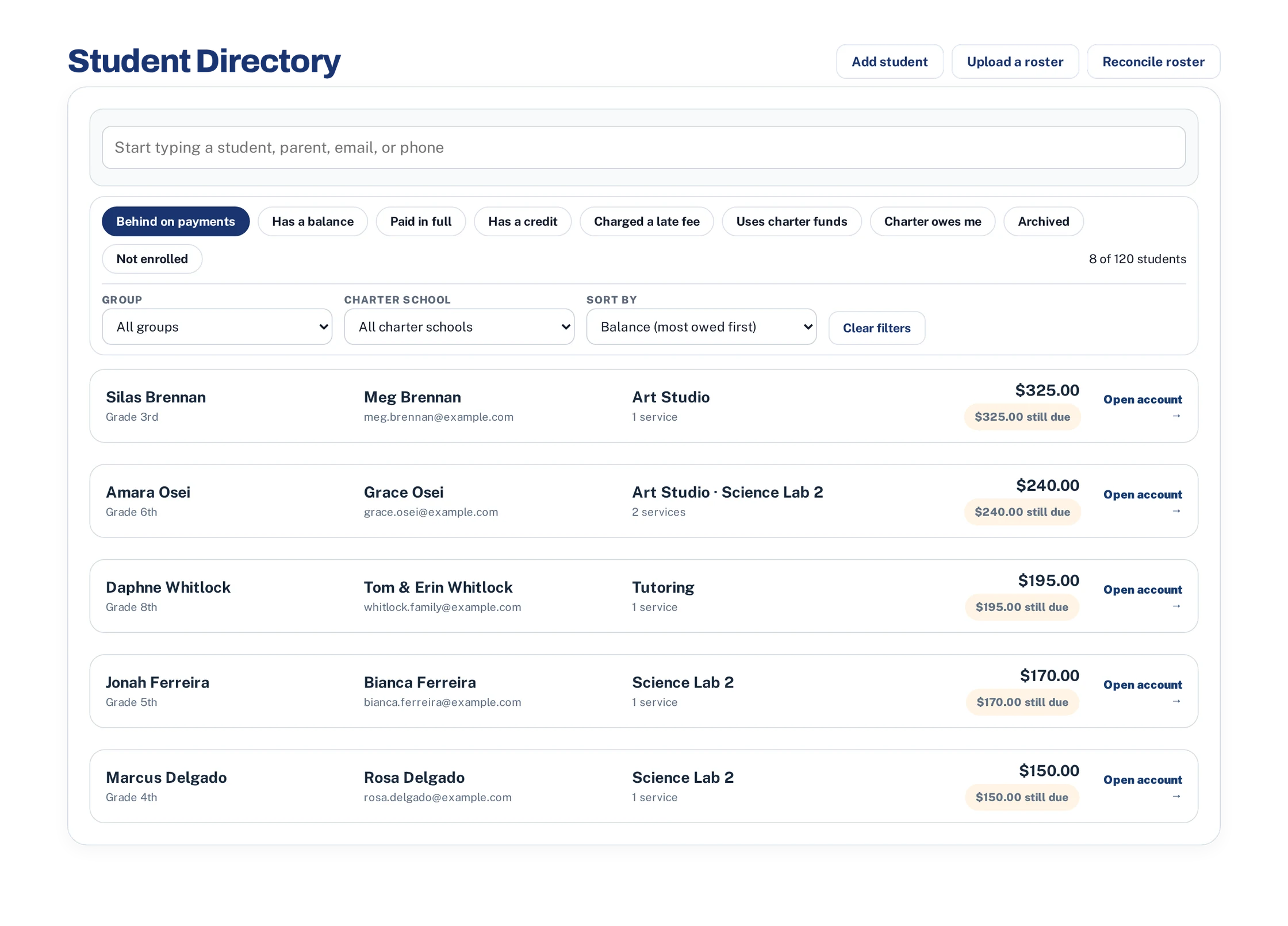The student directory filtered to families who are behind,
               sorted with the largest balance first.