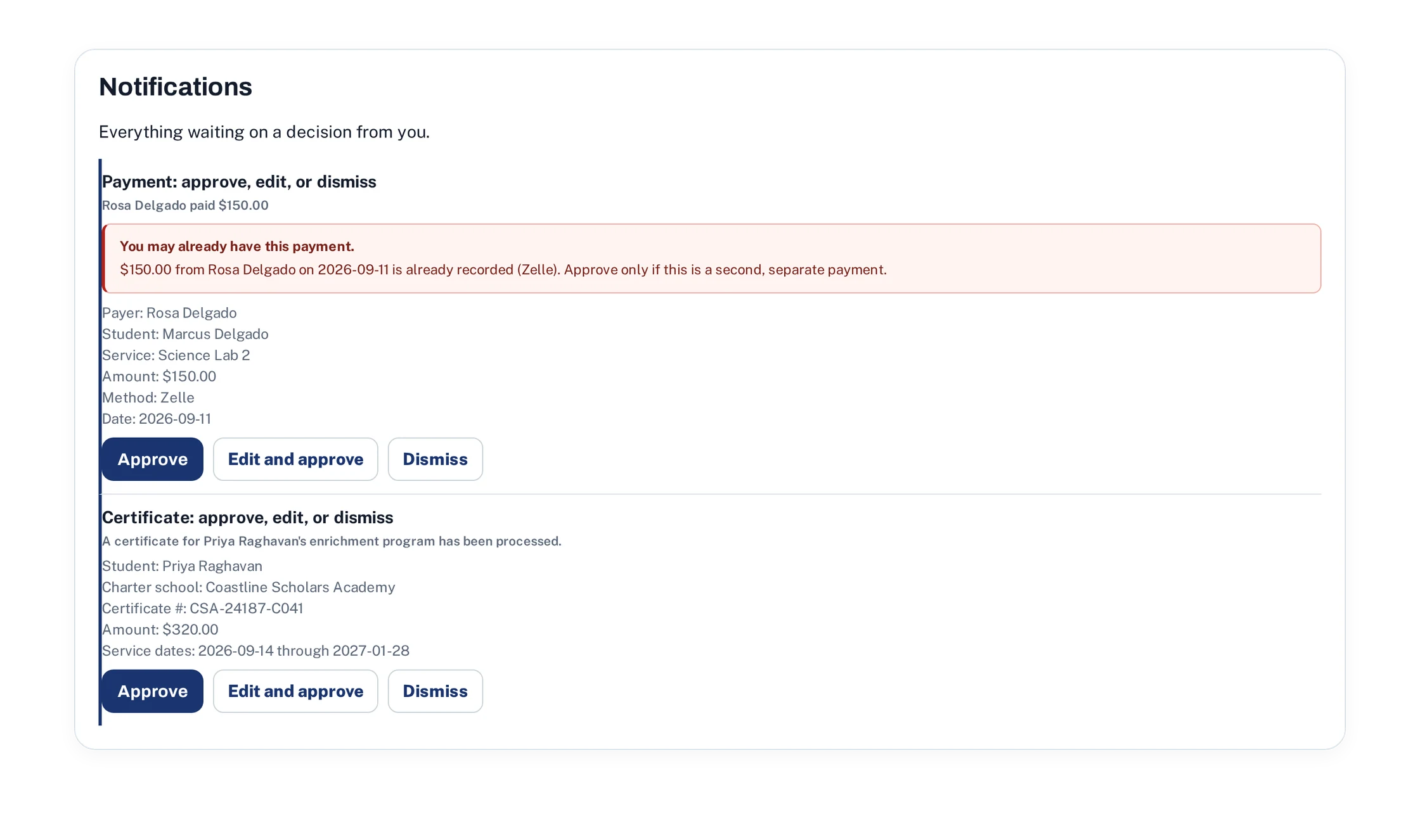 A payment waiting for approval, with a warning that the same
               amount from the same family is already recorded.