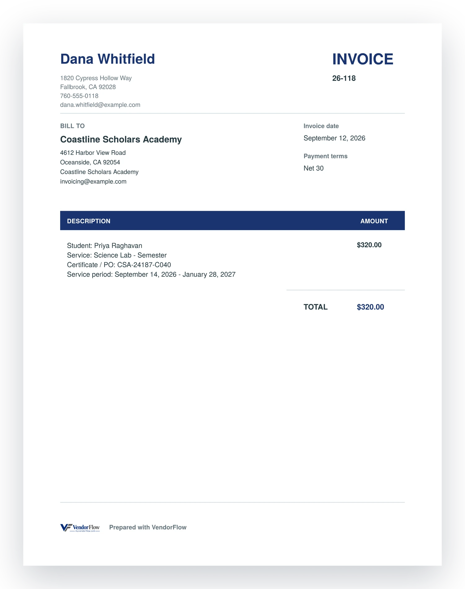 A finished VendorFlow invoice: vendor details, the charter
                 school billed, the student, certificate number, service period
                 and total.