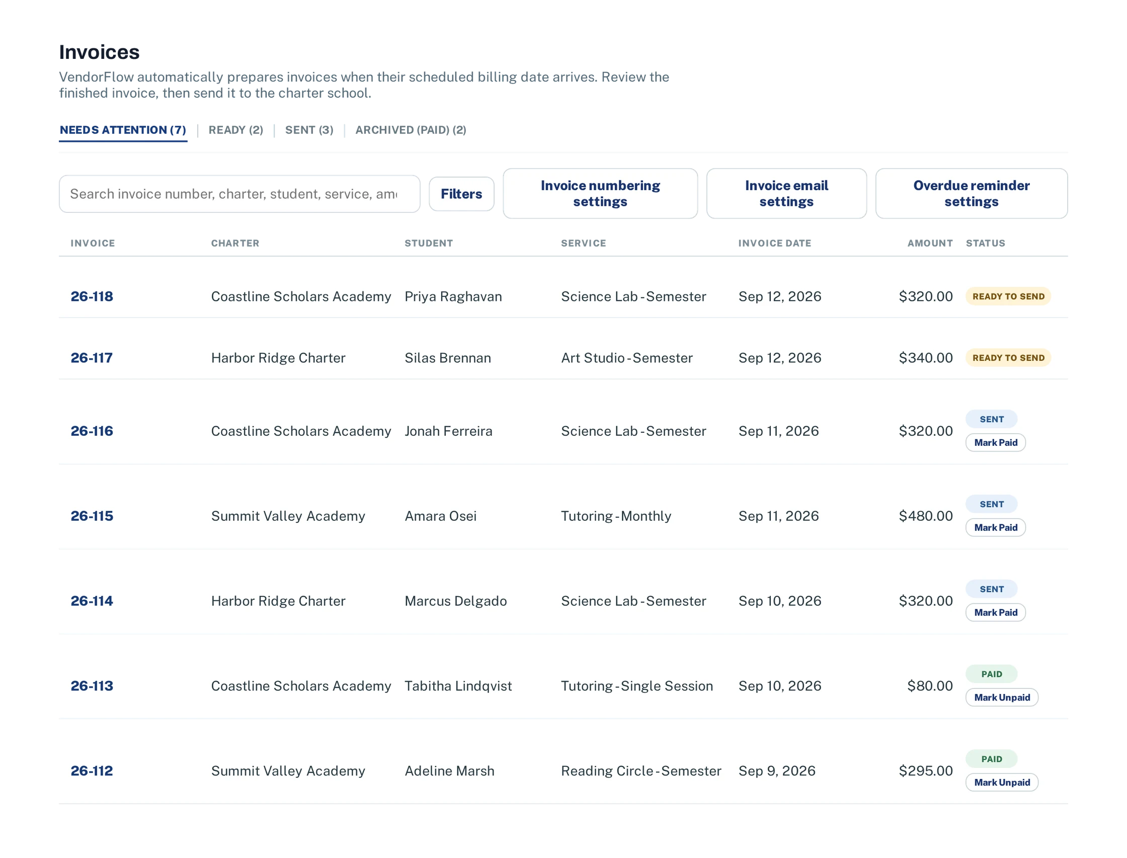 The invoice ledger: invoice number, charter school, student,
               service, date and amount, each marked ready to send, sent, or paid.