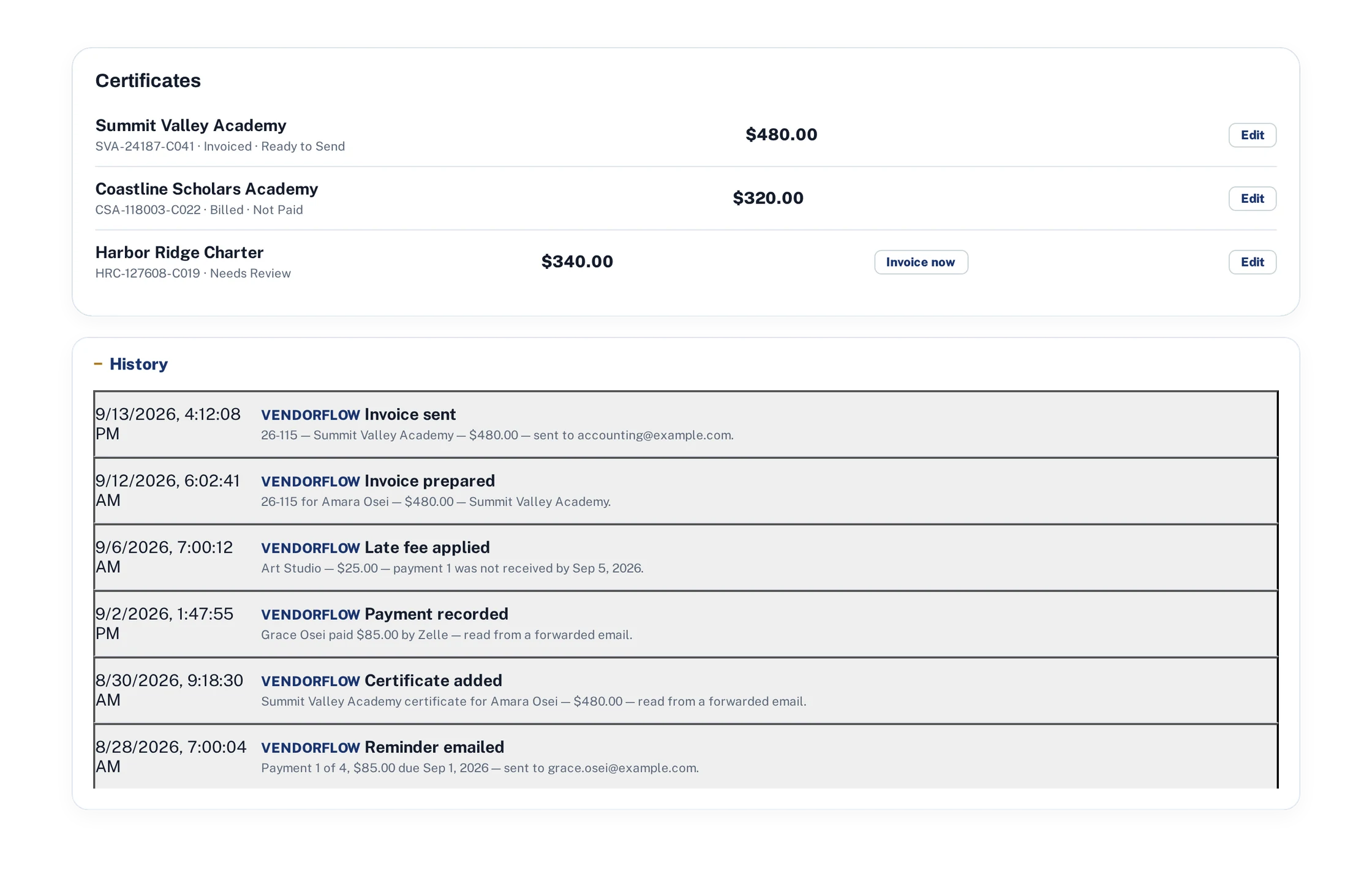 A student's certificates and full history: invoice sent, invoice
               prepared, late fee applied, payment recorded, certificate added,
               reminder emailed -- each with a timestamp.